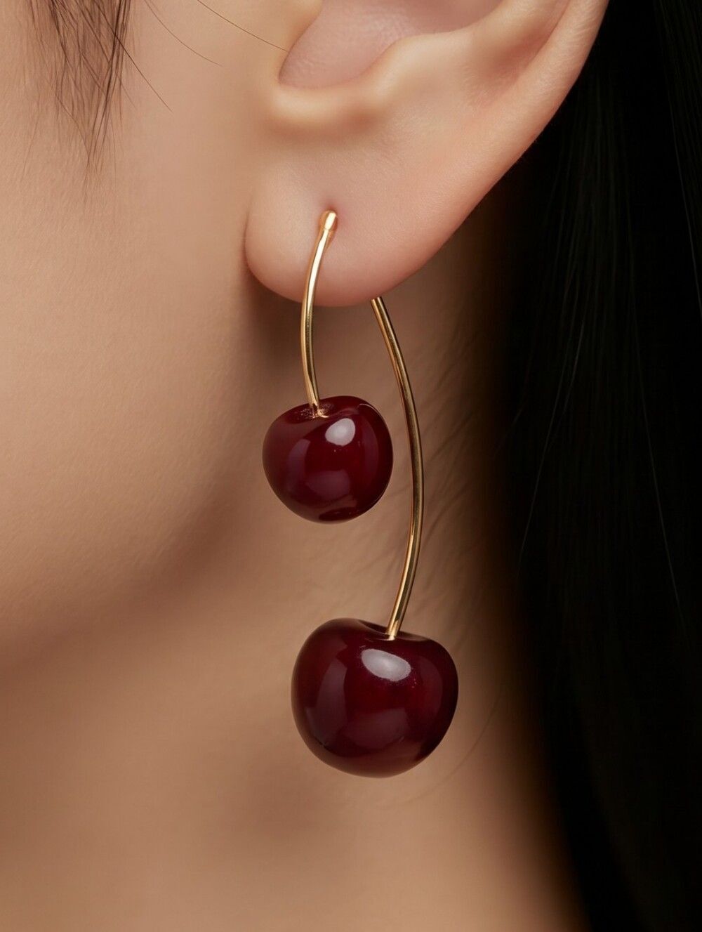 Double Dark Cherry Jacket Stud Earrings 🍒✨ Red & Gold Convertible Y2K Dangles